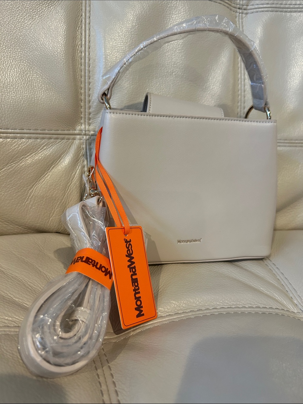 Montana West Cream Mini Top-Handle Crossbody with Orange Tag